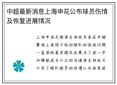 中超最新消息上海申花公布球员伤情及恢复进展情况