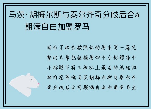 马茨·胡梅尔斯与泰尔齐奇分歧后合同期满自由加盟罗马