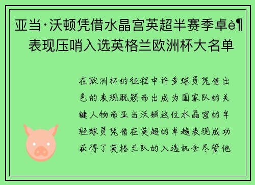亚当·沃顿凭借水晶宫英超半赛季卓越表现压哨入选英格兰欧洲杯大名单